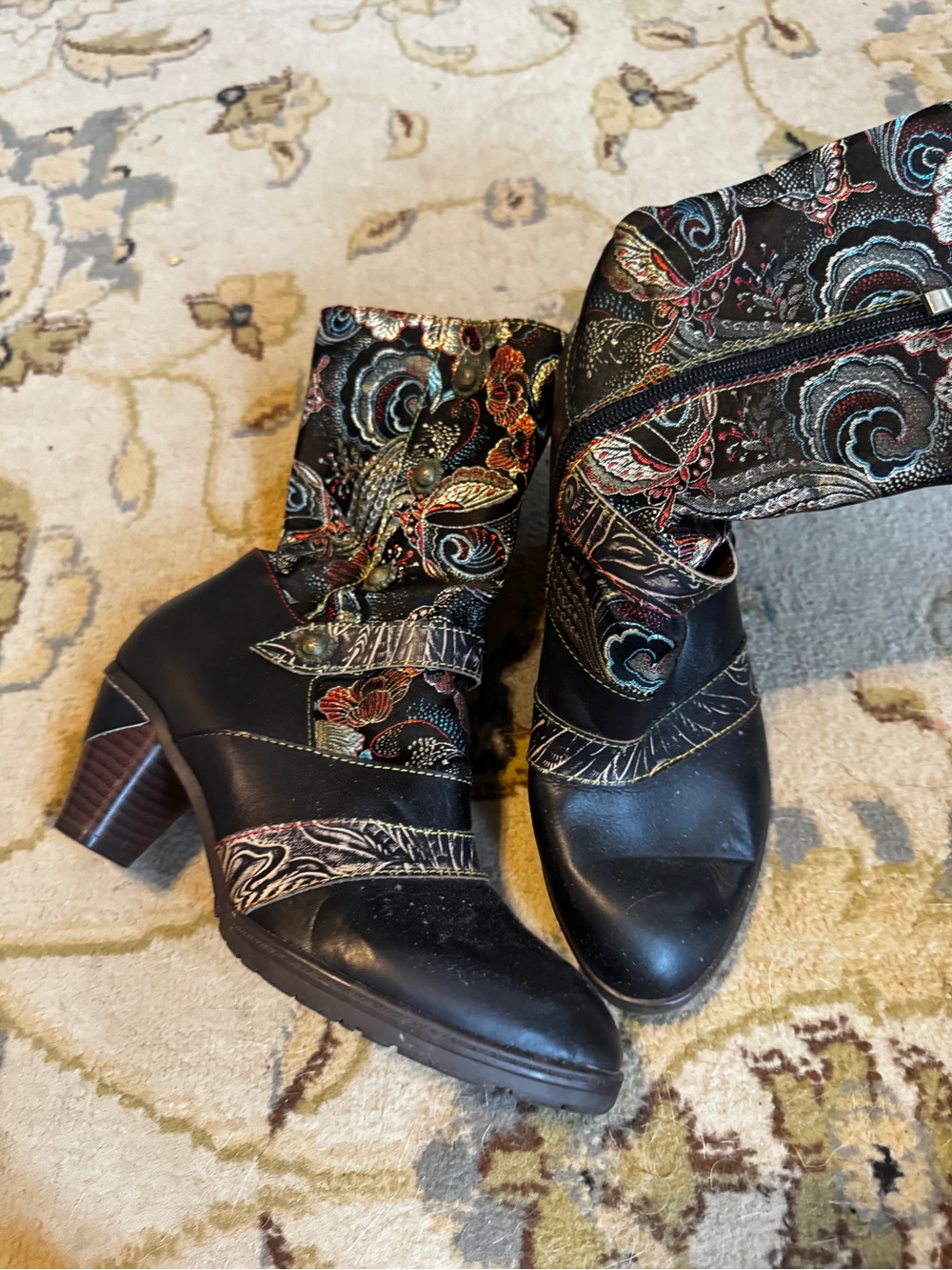 Black Embroidered Ankle Booties with Multicolor Brocade Shaft